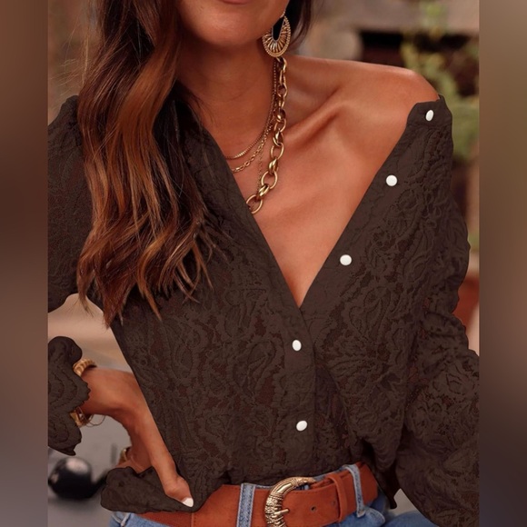PrettyGarden Tops - PRETTYGARDEN Dressy Casual Lace Blouse Button Up Shirts Tops Spring Fall Clothes